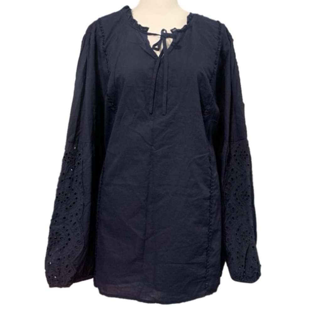 Lane Bryant Navy Blue Ruffle Keyhole Embroidered Eyelet Long Sleeve Blouse